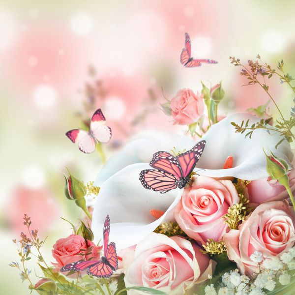 دسته گل برای عروس گل رز زرد و سفید نیلوفرهای کله پروانه