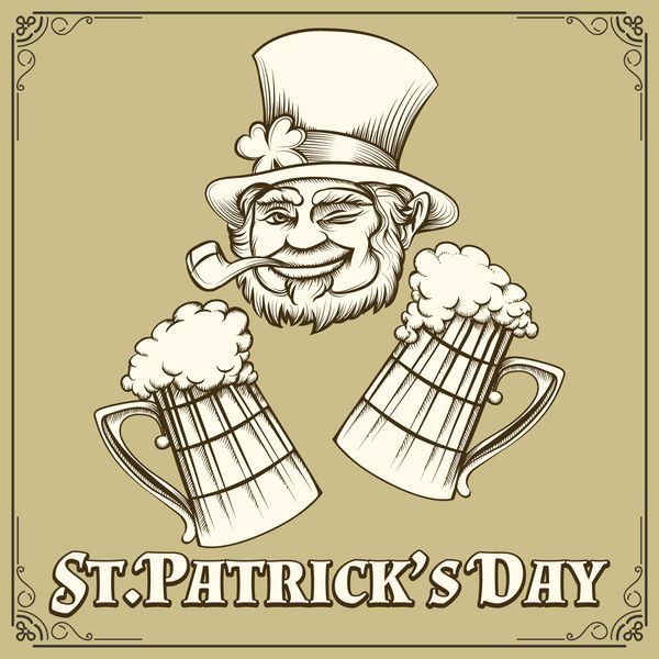 Leprechaun with smoking pipe and two mugs of beer Saint Patrick