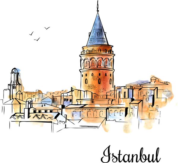 تصویر برداری بردار با یک منظره از برج Galata در استانبول دست کشیده شده برجسته ترکی استانبولی با بافت آبرنگ هنری و رئوس مطالب سیاه و سفید جدا شده در پس زمینه سفید