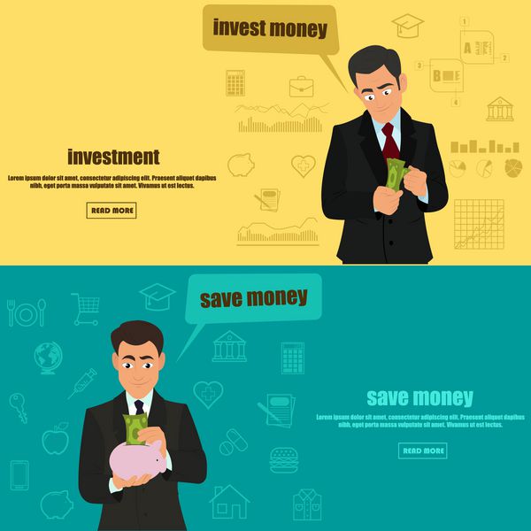 دو آگهی در زمینه صرفه جویی در پول و سرمایه گذاری تصویر برداری