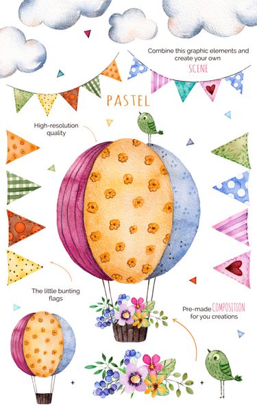 Happy Birthday collectionPattern with individual elements for your own designflowersbunting flagsair ballonbouquetsgarlandsribbonsPerfect for birthday cardsmother