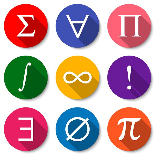 نمادهای ریاضی مجموعه ای از آیکون های ریاضی رنگی صاف با سایه های طولانی جمع بندی کوانتومی جهانی محصول انتگرال بی نهایت فاکتوریل quantification وجود مجموعه خالی علامت pi