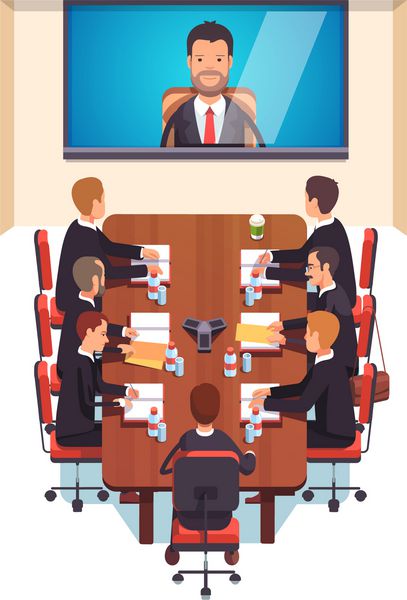 هیئت مدیره شرکت مدیران در کنفرانس تماس با مدیر عامل شرکت در صفحه نمایش طرح تماس ویدیویی سبک تخت رنگ مدرن تصویر برداری بردار