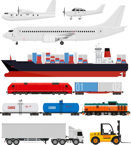 حمل و نقل حمل و نقل توسط قطار کامیون کشتی و هواپیما آیکون های سبک تخت و تصویر