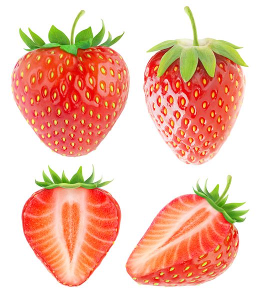 توت فرنگی های جداگانه مجموعه ای از میوه های کلم و برش توت فرنگی جدا شده بر روی زمینه سفید با مسیر قطع