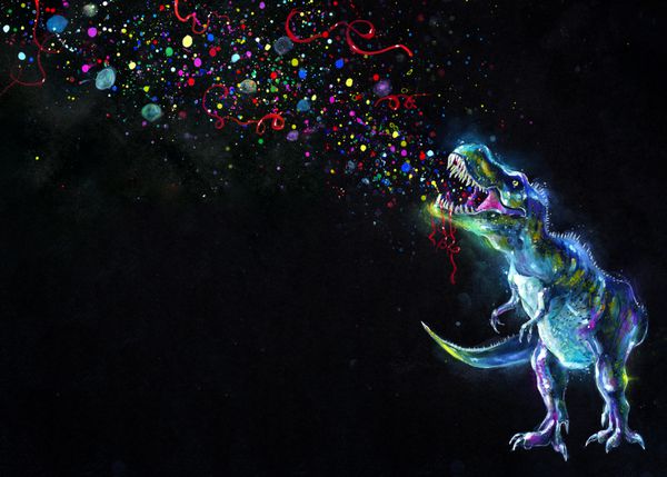 کریستال دست نقاشی شده درخشان Tyrannosaurus رکس منتشر می شود sparkles حزب رنگین کمان در فضا در پس زمینه سیاه و سفید