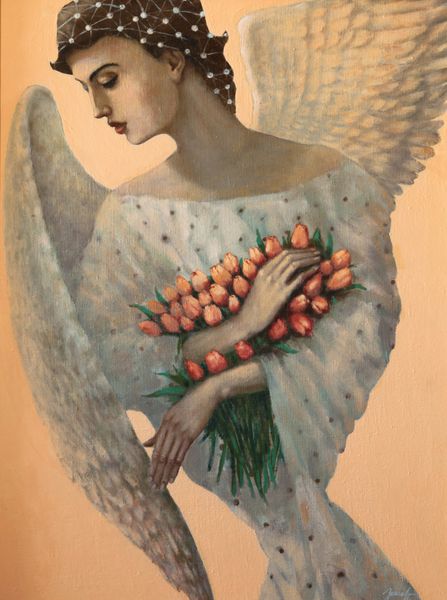 فرشته نقاشی رنگ روغن اصلی بر روی بوم