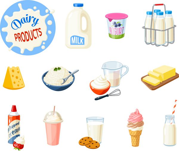 مجموعه ای از غذای کارتونی محصولات لبنی شیر ماست پنیر کره شیرشیر بستنی خامه ای و غیره تصویر برداری جدا شده بر روی زمینه سفید
