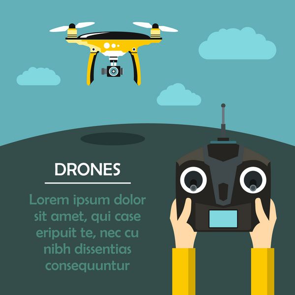 تصویر برداری با هواپیماهای بدون سرنشین و کنترل از راه دور برای quadrocopter در پس زمینه رنگی در سبک کارتونی
