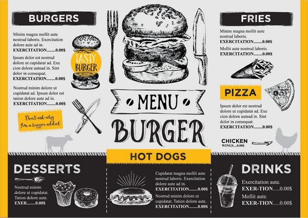 بروشور رستوران بردار طراحی منو الگو کافی نت با گرافیک دست کشیده شده فست فود غذا