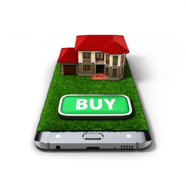 مفهوم فروش آنلاین املاک خانه در تصاویر 3d تلفن است