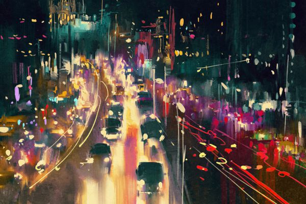 پیاده روی نور در خیابان در شب نقاشی دیجیتال تصویری