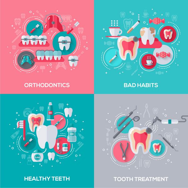 دندانپزشکی آگهی ها با آیکون های تخت تصویر برداری مفاهیم دندانپزشکی دندان های پاک سلامت درمان دندان ارتودنسی عادت های بد