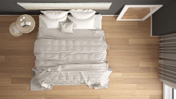 اتاق خواب کلاسیک سبک مدرن اسکاندیناوی طراحی داخلی مینیمال پس زمینه نمایش بالا تصویر 3D