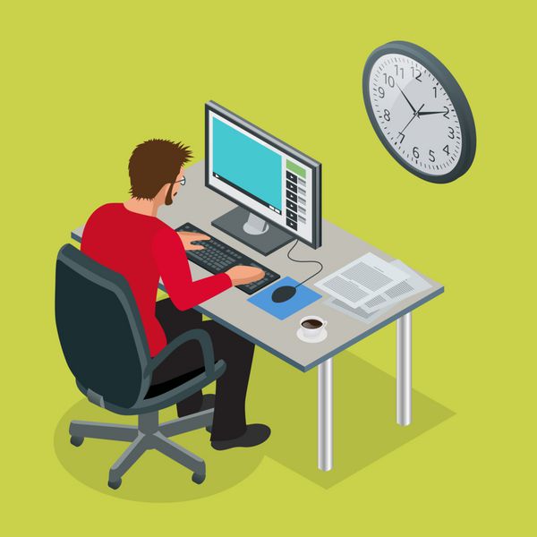 زمان کار یا زمان برنامه مدیریت زمان پروژه سند ساعت تخت 3d ایزومتریک تصویر پس زمینه کسب و کار کار با میز لپ تاپ