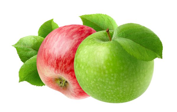 سیب های جداگانه میوه های سیب سرخ و سبز جدا شده بر روی زمینه سفید با مسیر قطع