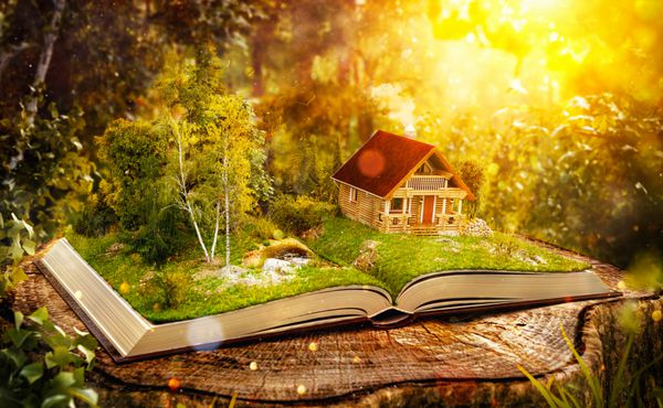 خانه ناز جادویی در یک جنگل شگفت انگیز در صفحات کتاب باز در یک جنگل فوق العاده تصویر 3D غیر معمول