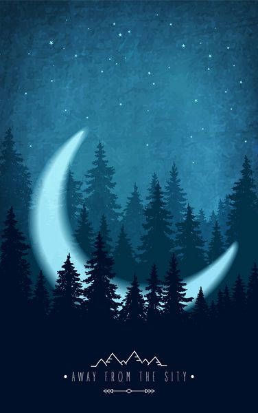 مناظر جنگل با هلال Silhouette جنگل در آسمان شب نقل قول الهام بخش برای استراحت در خارج از منزل و تعطیلات از شهر
