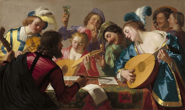 کنسرت توسط Gerrit ون Honthorst 1623 نقاشی هلندی روغن بر روی بوم تاثیر Caravaggio در این صحنه ژانر موسیقی نوازندگان و خوانندگان قوی است حرکات دراماتیک نور