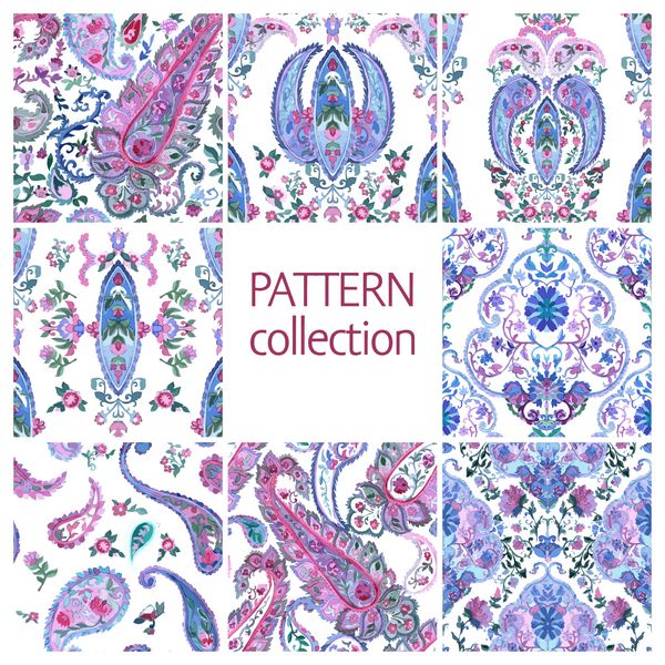 الگوی Paisley هندی و یا ترکیبی از الگوهای بدون روت ترکیه سبک آبرنگ مجموعه دستمال گردن شرقی تصویر برداری