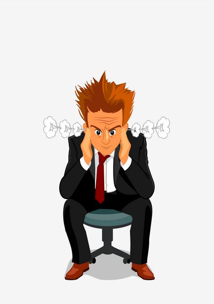 بازرگان جوان با خشم و خشم منفجر می شود مدیر مرد با چهره عصبانی و موی کثیف نشسته بر روی صندلی با دست در سر