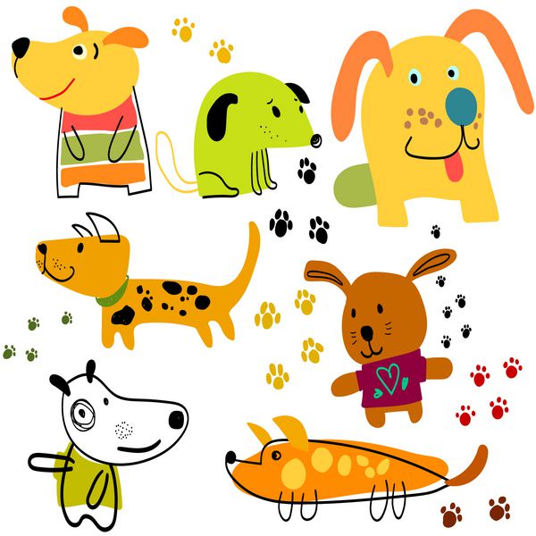 مجموعه ای از مجموعه های کارتونی خنده دار مجموعه سگ کارتونی ناز سگ با نقاشی در رنگهای روشن چاپ می کند