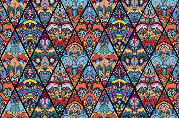 الگوی بدون درز Boho از گربه Mandala Rhombus پس زمینه رنگارنگ آبی رنگ عناصر طراحي عجيب و غريب برای کاغذ دیواری کاغذ هدیه چاپ پارچه مبلمان دکوراسیون عروسی غیر معمول