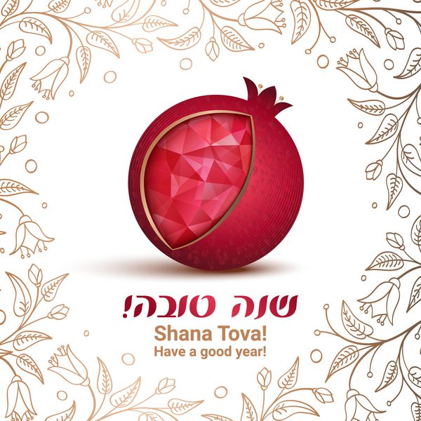 کارت Rosh Hashana سال نو یهودی متن خوش آمدید Shana tova به عبری یک سال شیرین داشته باشید بردار تصویر انار نماد انار به عنوان یک نماد یهودی از زندگی شیرین
