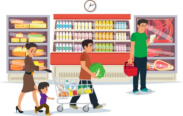 مردم محصولات را در فروشگاه خریداری می کنند تصویر برداری بردار مشتریان محصولات را در سوپرمارکت مواد غذایی خریداری می کنند قفسه با محصولات در فروشگاه