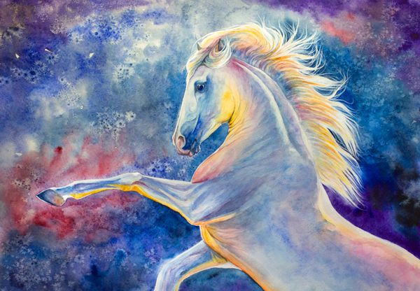 پرورش اسب در مقابل زمینه رنگی آبرنگ نقاشی