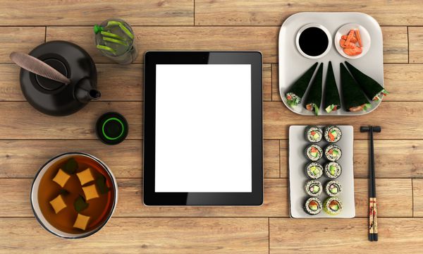 مفهوم سفارش آنلاین غذا تحویل غذا غذا نزدیک به قرص در یک پس زمینه چوبی 3D تصویر است