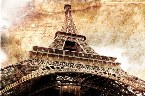 چکیده هنر دیجیتال برج ایفل در پاریس طلا کاغذ قدیمی کارت پستال با وضوح بالا قابل چاپ در بوم