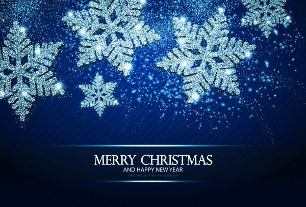 کارت پستال کریسمس و دعوت سال نو مبارک با برف و براق براق روی صحنه بردار آبی تصویر برداری