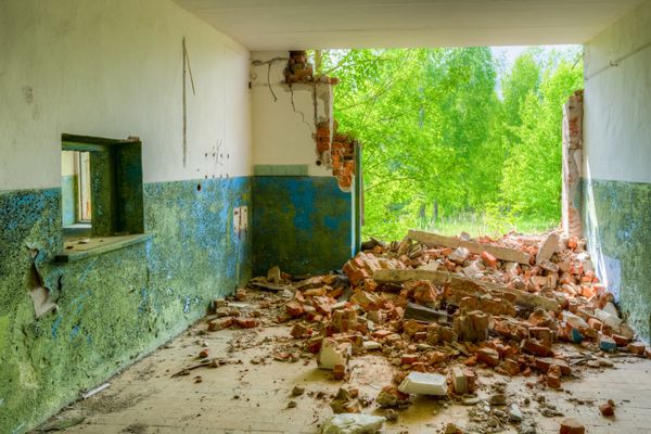 فروشگاه روستایی محروم شده با دیوار آجری ویران شده در منطقه آلودگی هسته ای پس از فاجعه چرنوبیل منطقه انحصاری با گیاهان پر زرق و برق در تابستان بهار آفتابی