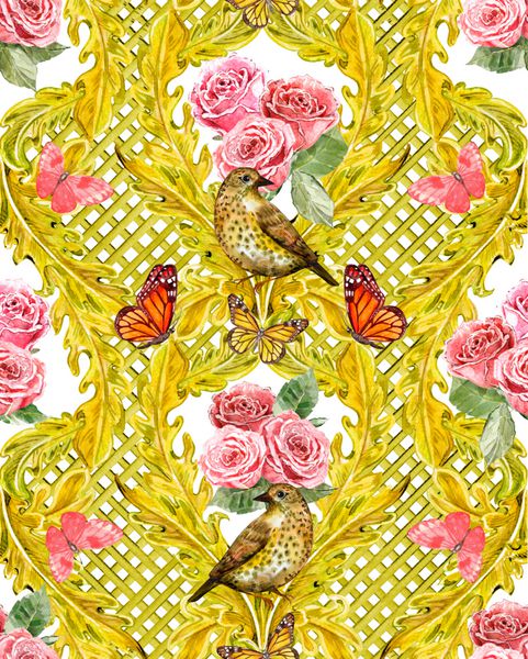 بافت بدون درز غنی با الگوی گل طلایی و پرندگان پروانه ها نقاشی آبرنگ