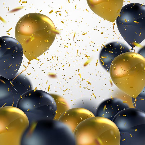 بالون های سیاه و طلایی با شکلات تعطیلات تصویر برداری شیک از پرواز سیاه و بالون های طلایی با زرق و برق دار مراسم جایزه یا عناصر دکوراسیون دیگر تعطیلات