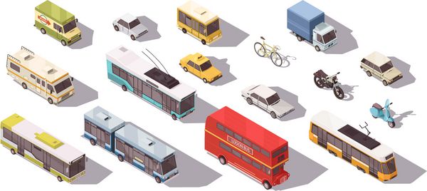 حمل و نقل ایزومتریک با ماشین اتوبوس و دوچرخه جدا شده تصویر برداری