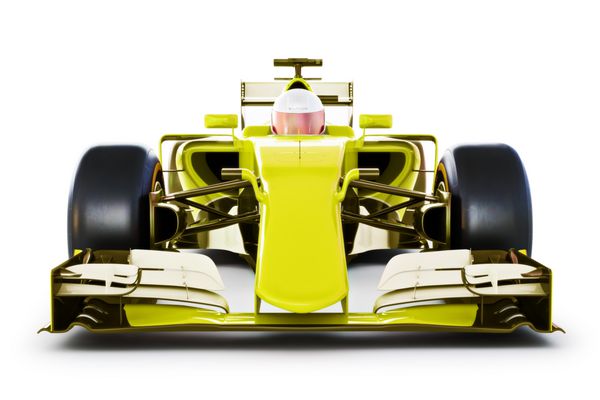نمایش جلو یک ماشین مسابقه زرد و راننده در پس زمینه سفید جدا شده است رندر 3d
