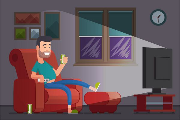 مرد تماشای تلویزیون و نوشیدن Slacker تنبل در صندلی تماشای تلویزیون تصویر برداری