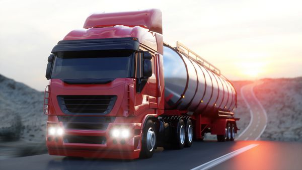 تانکر بنزین تریلر نفت کامیون در بزرگراه رانندگی بسیار سریع رندر 3d