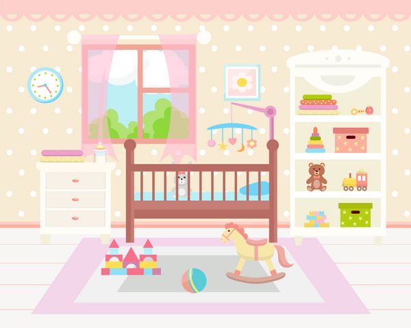Baby room interior Flat design Baby room with a window shelf toys cot bedside table armchair table chair and rug Children