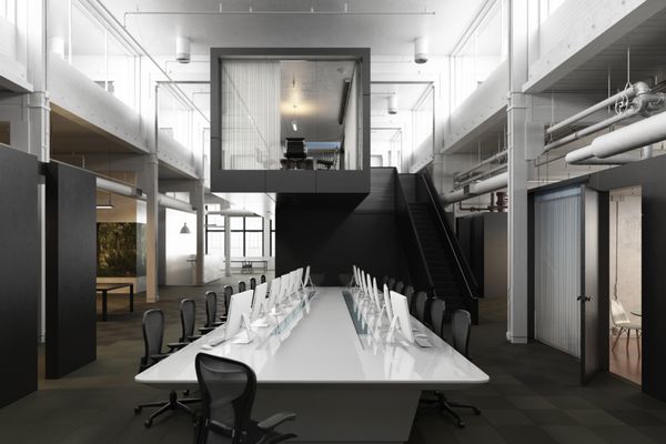مجتمع مدرن خالی اتاق کسب و کار دفتر اتاق کنفرانس با چراغ های جلو و لهجه های صنعتی عکس رندر واقع بین 3d