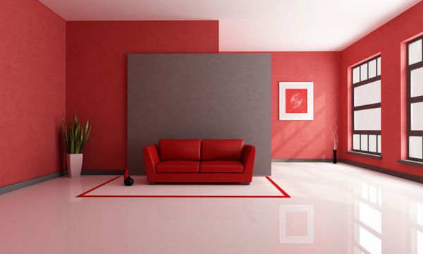 اتاق نشیمن مینیمالیستی قرمز و قهوه رندر تصویر هنری روی دیوار یک ترکیب من است