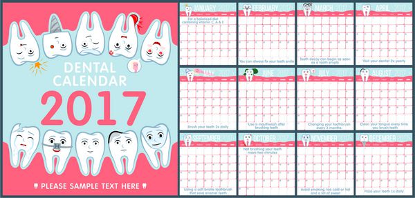 تقویم برای دندانپزشکی کودکان تقویم دندان پزشکی 2017 دندان های کارتونی خنده دار و مفهوم بهداشت دهان مراقبت از دندان ها برنامه ریزان دندانپزشکی تصویر برداری