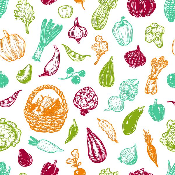 الگو دست کشیده با سبزیجات مجموعه بزرگ سبزیجات غذاهای تازه طبیعی و گیاهی سبک طرح دست آزاد