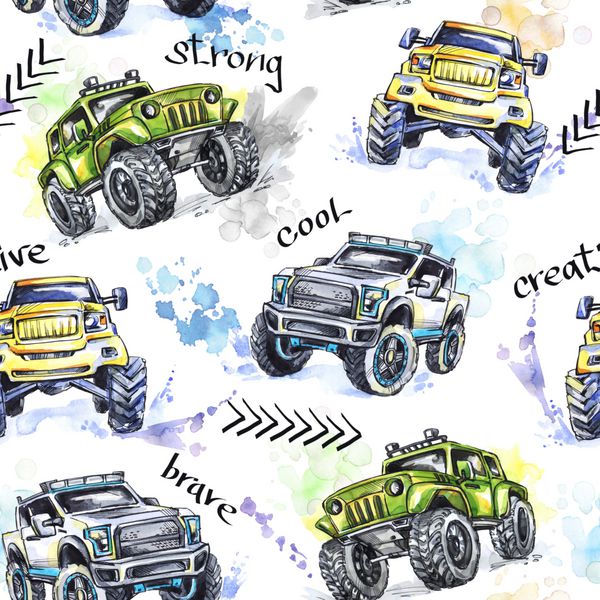 Watercolor seamless pattern Cartoon Monster Trucks Colorful Extreme Sports background 4x4 Vehicle SUV Off Road Lifestyle Man