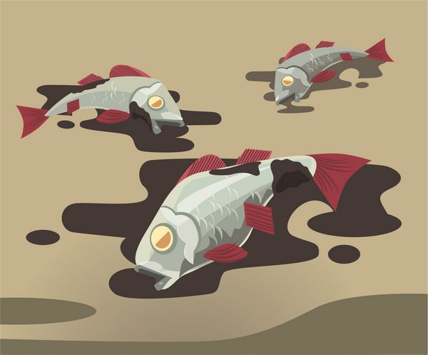 ماهی مرده پوشیده شده در روغن آلودگی محیط زیست تصویر برداری کارتونی یکپارچهسازی با سیستمعامل
