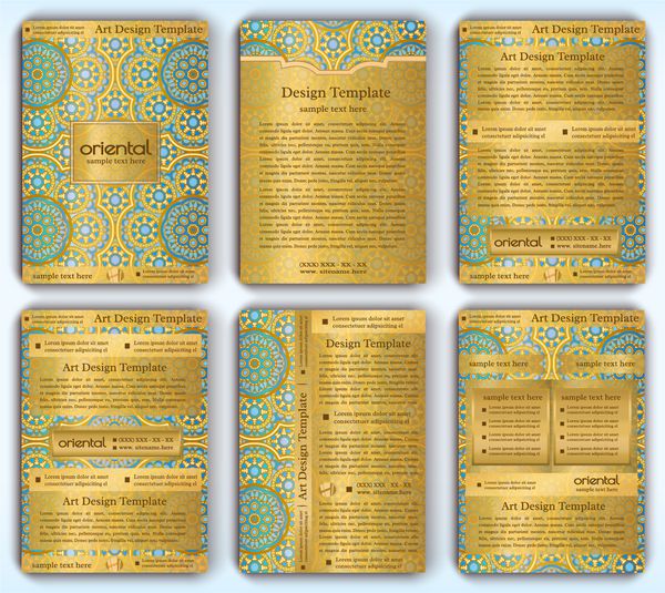 مجموعه ای از الگوی بردار A4 با الگوی mandala گل و زیور آلات طرح طلای شرقی برای استفاده به عنوان بروشور جزوه گزارش سالانه شرکت جزوه ارائه شرکت تبلیغ محصول