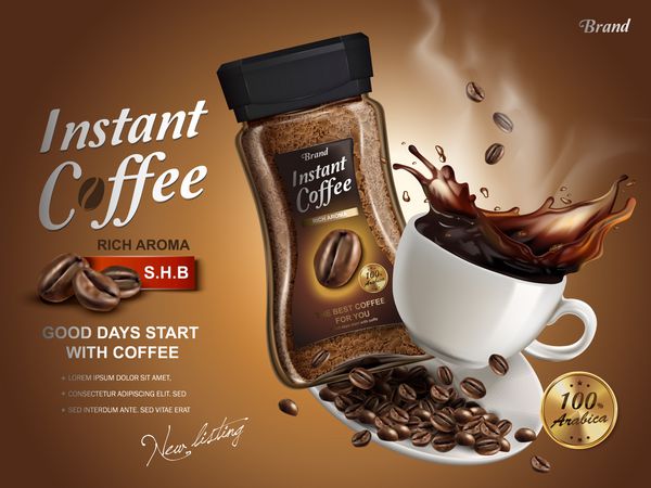 قهوه تبلیغاتی فوری با عناصر چلپ چلوپ پس زمینه قهوه ای تصویر 3D