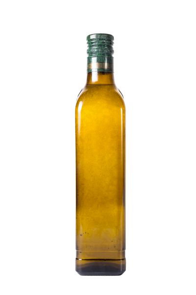بطری های شیشه ای از روغن زیتون با روغن زیتون عالی جدا شده بر روی زمینه سفید